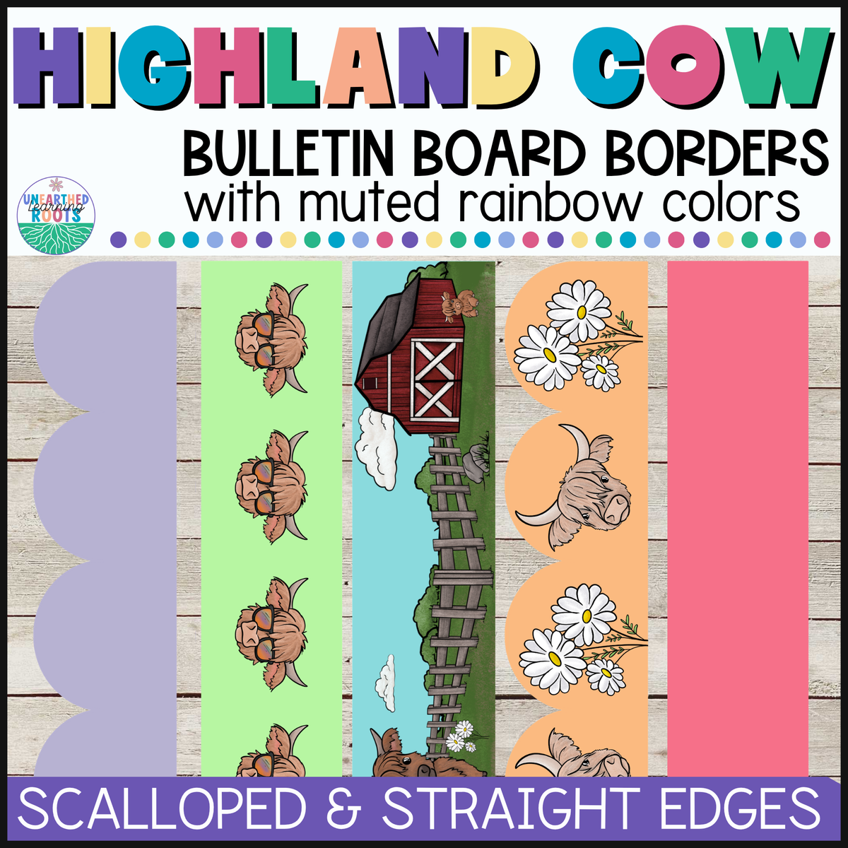 Highland Cow Muted Rainbow Bulletin Board Borders | Colorful Classroom Decor