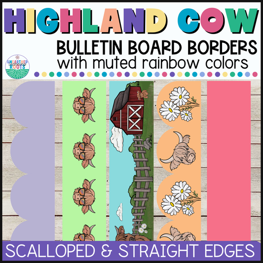 Highland Cow Muted Rainbow Bulletin Board Borders | Colorful Classroom Decor