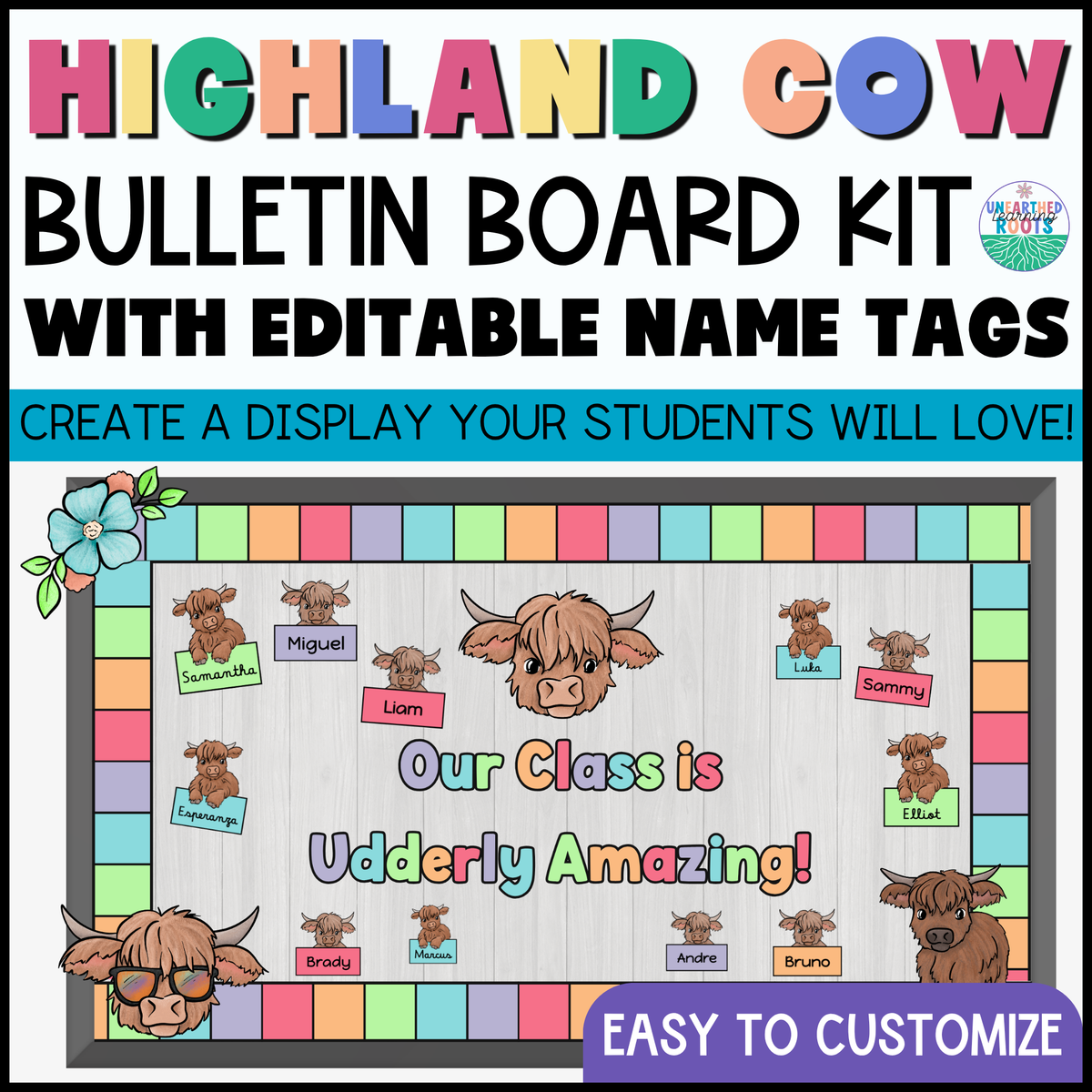 Highland Cow Bulletin Board Kit | Muted Rainbow Classroom Decor | Editable Tags