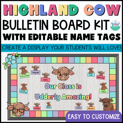 Highland Cow Bulletin Board Kit | Muted Rainbow Classroom Decor | Editable Tags