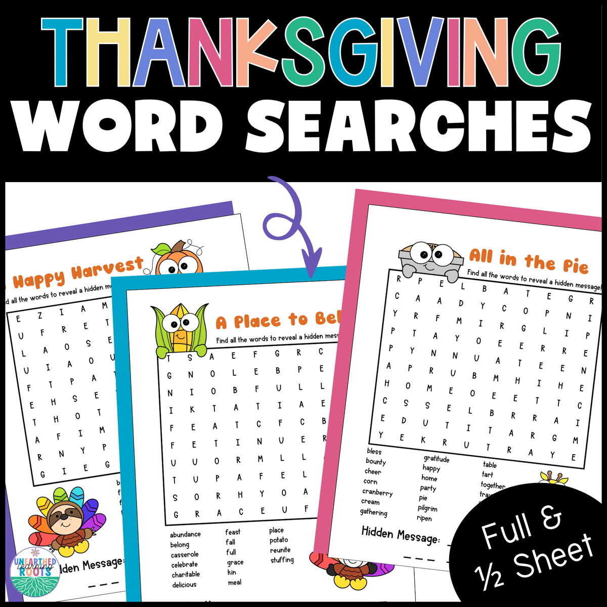Thanksgiving Word Search with Hidden Messages | 4 Early Finisher Puzzles