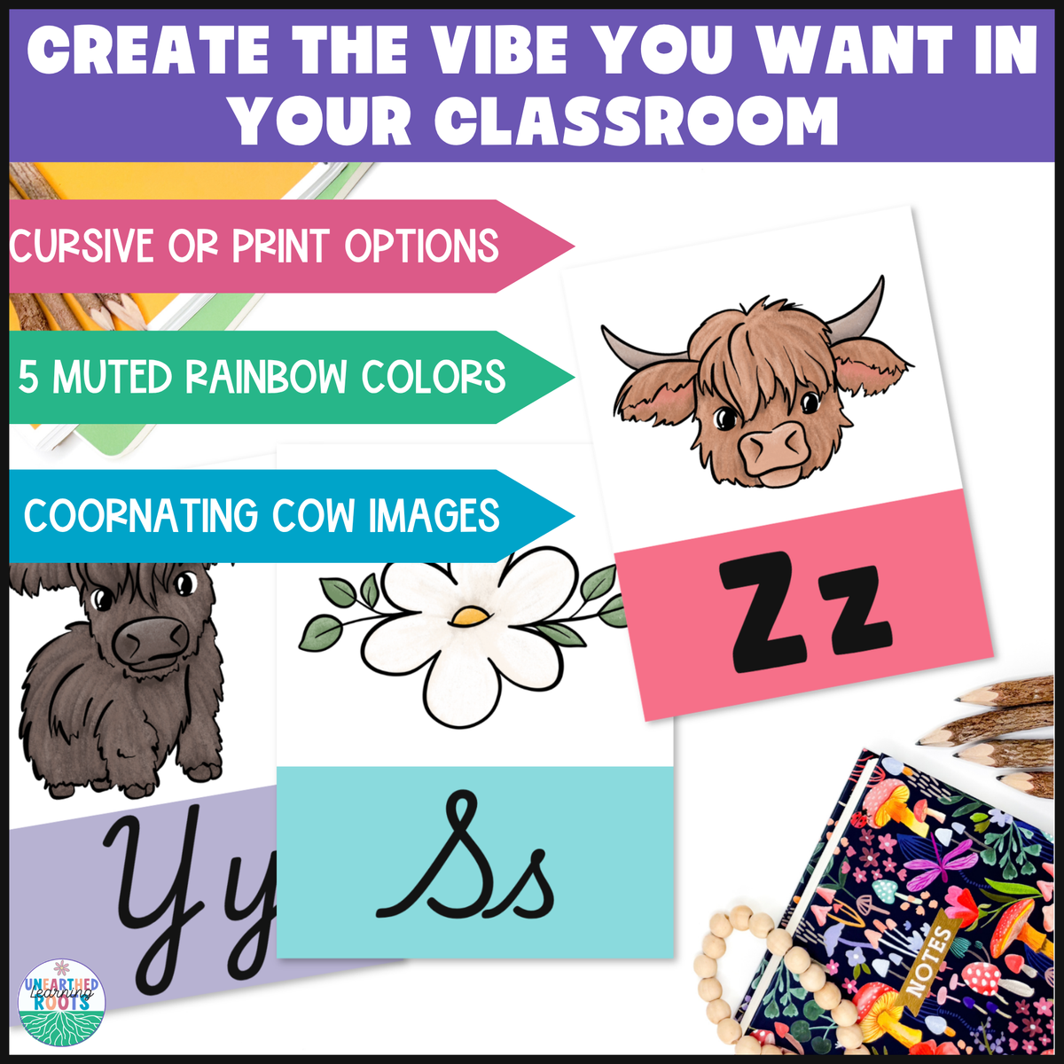 Highland Cow Muted Rainbow Alphabet Posters | Print and Cursive Letters