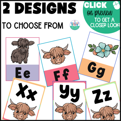 Highland Cow Muted Rainbow Alphabet Posters | Print and Cursive Letters