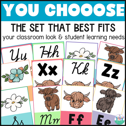 Highland Cow Muted Rainbow Alphabet Posters | Print and Cursive Letters