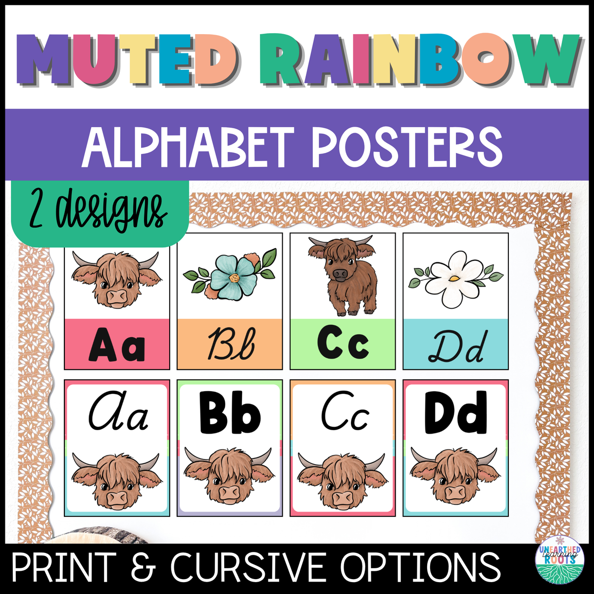 Highland Cow Muted Rainbow Alphabet Posters | Print and Cursive Letters