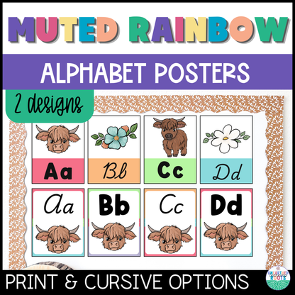 Highland Cow Muted Rainbow Alphabet Posters | Print and Cursive Letters