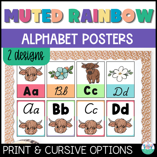 Highland Cow Muted Rainbow Alphabet Posters | Print and Cursive Letters
