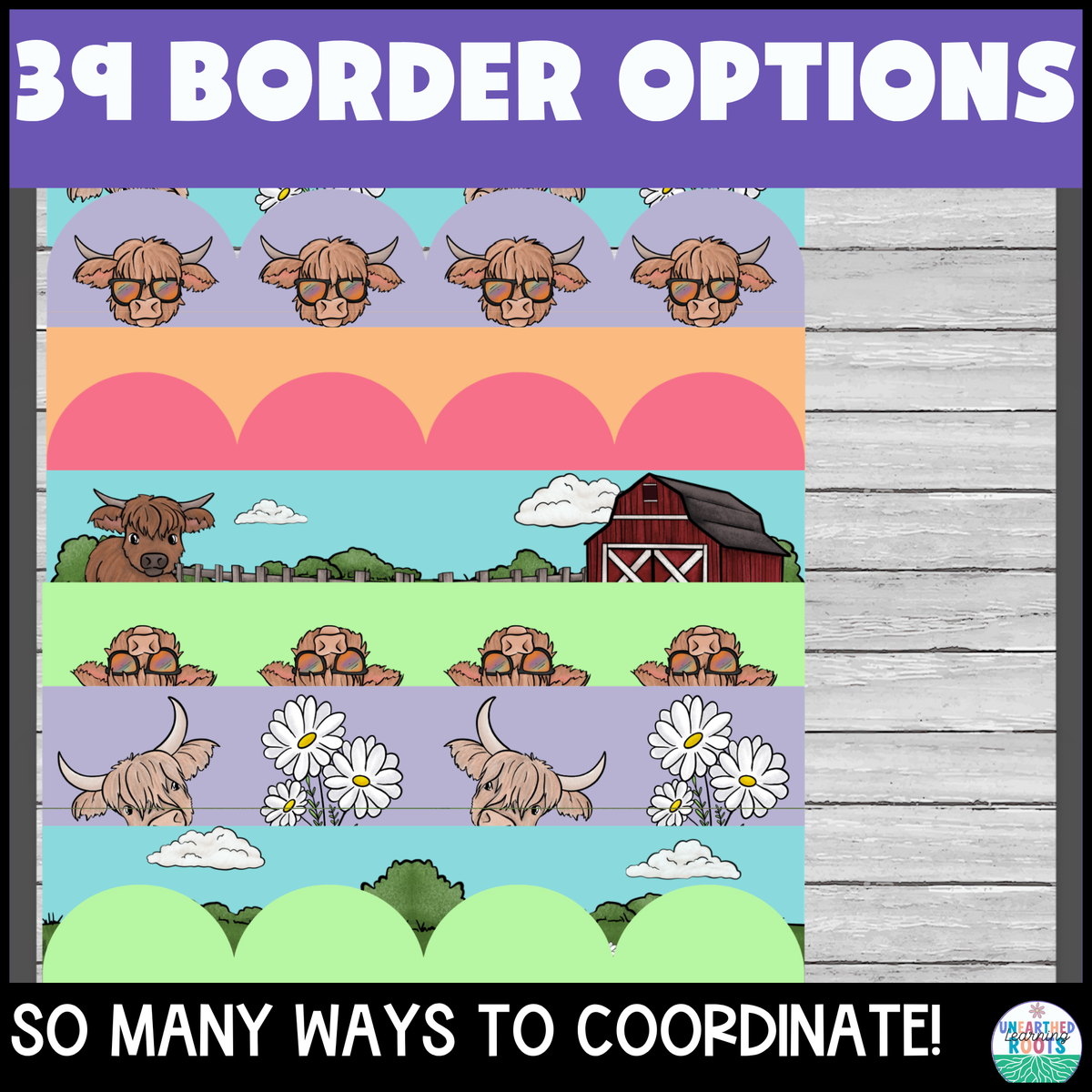 Highland Cow Muted Rainbow Bulletin Board Borders | Colorful Classroom Decor