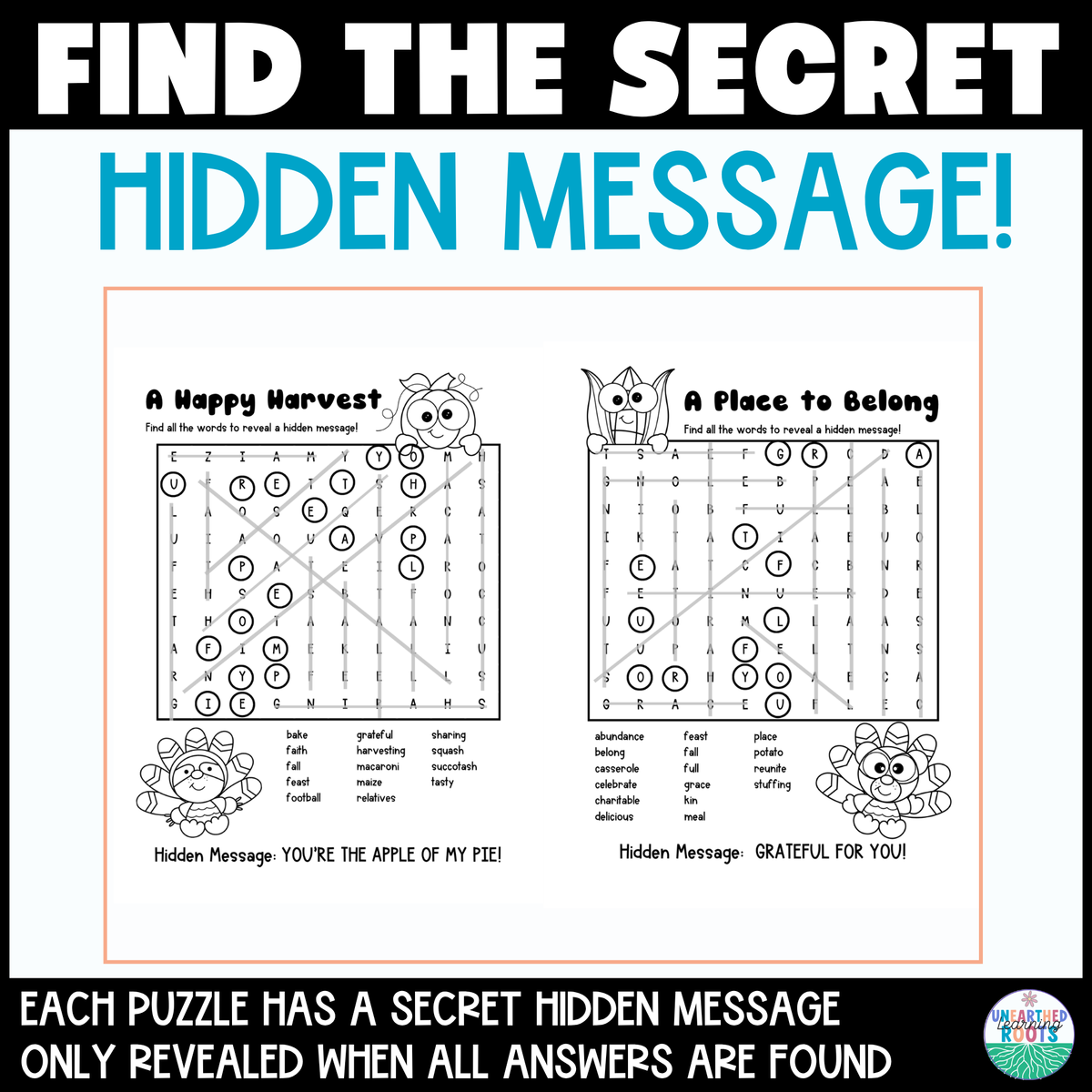 Thanksgiving Word Search with Hidden Messages | 4 Early Finisher Puzzles