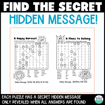 Thanksgiving Word Search with Hidden Messages | 4 Early Finisher Puzzles