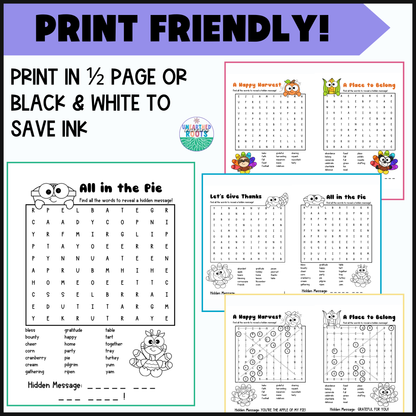 Thanksgiving Word Search with Hidden Messages | 4 Early Finisher Puzzles