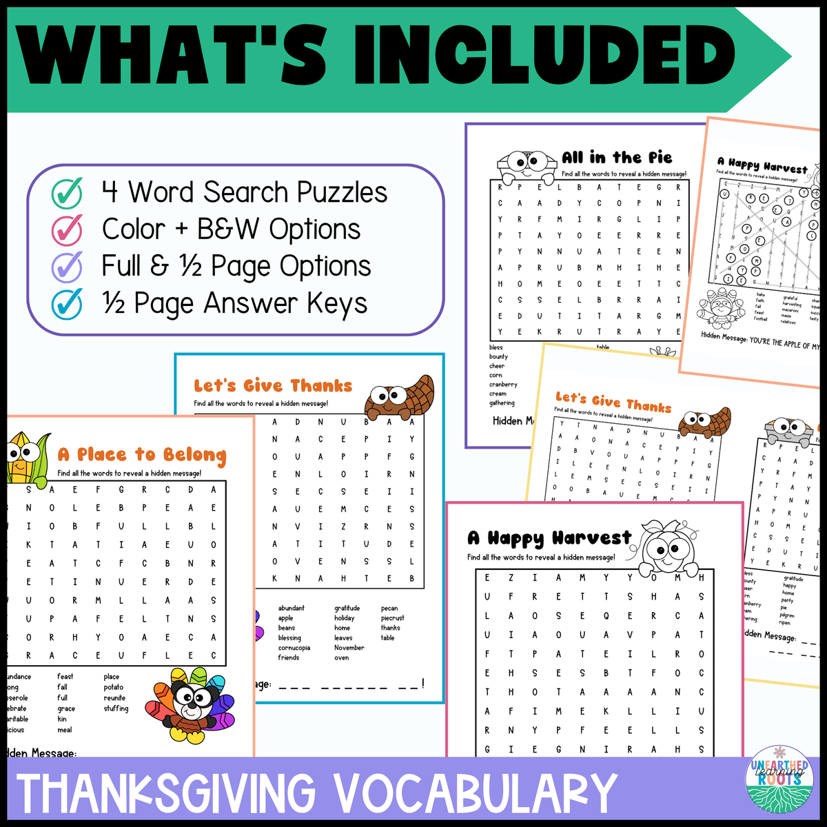 Thanksgiving Word Search with Hidden Messages | 4 Early Finisher Puzzles