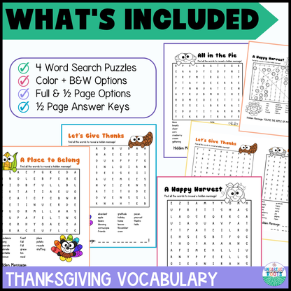 Thanksgiving Word Search with Hidden Messages | 4 Early Finisher Puzzles